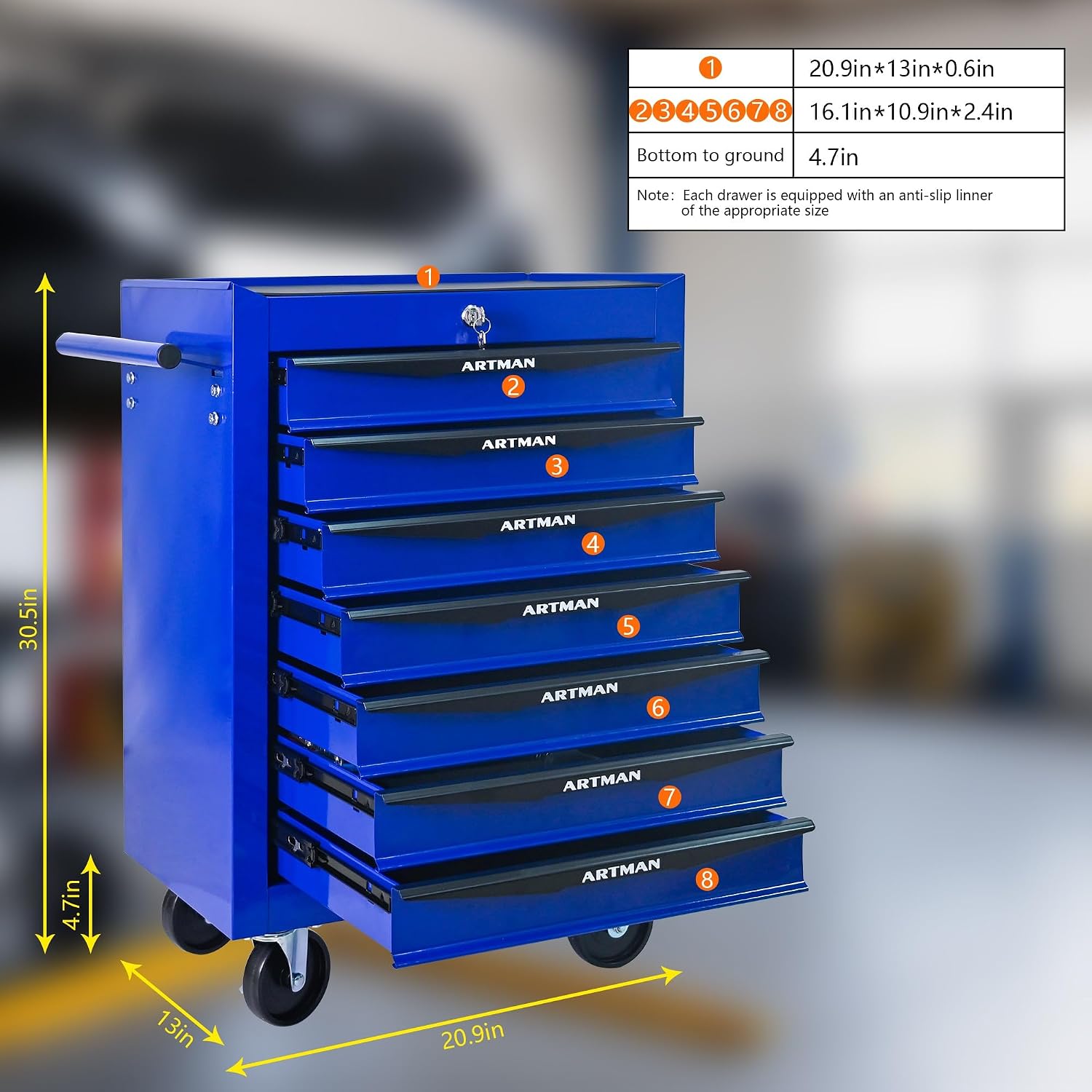 Rolling Metal Tool Chest with 7 Drawers – 20' Steel Tool Storage Box Organizer with Ball Bearing Slides & Lockable Mobile Cabinet on Wheels(Blue)