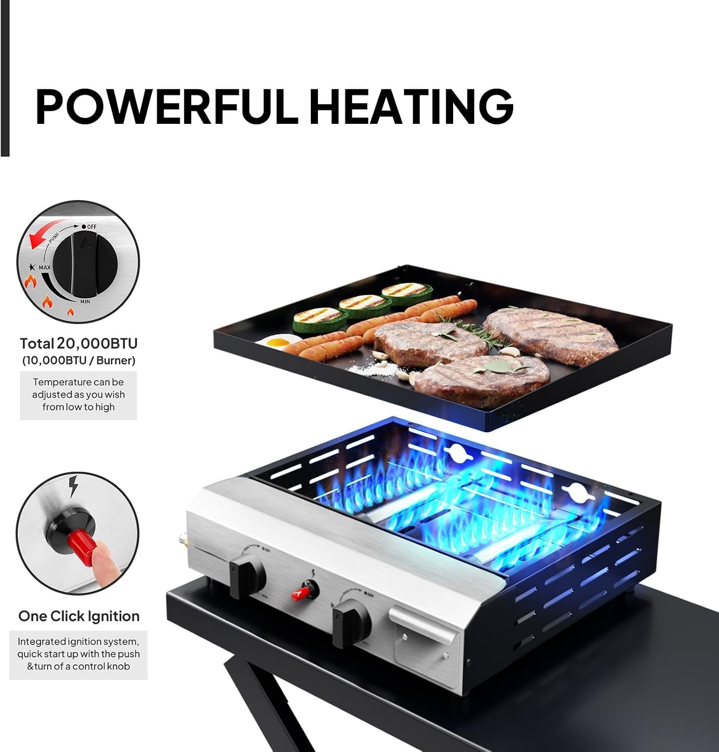 Bonnlo Foldable Flat Top Grill with 2 Burner, Powerful 20,000 BTU Propane Gas Grills with Ignition, Enamel Griddle, Side Shelf & Portable Cart with Wheels for Outdoor Camping Hibachi Grill Use