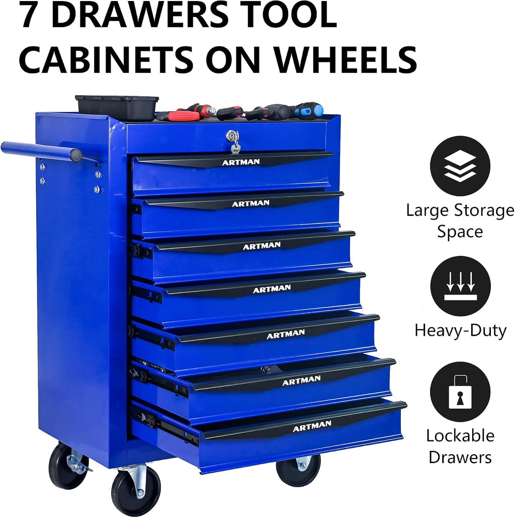 Rolling Tool Chest Cart with 7 Drawers,Storage Tool Cabinet on 4 Wheels. Lockable Tool Cart with Drawer Liners.Steel Tool Box Organizer for Garage,Repair Workshop-Blue