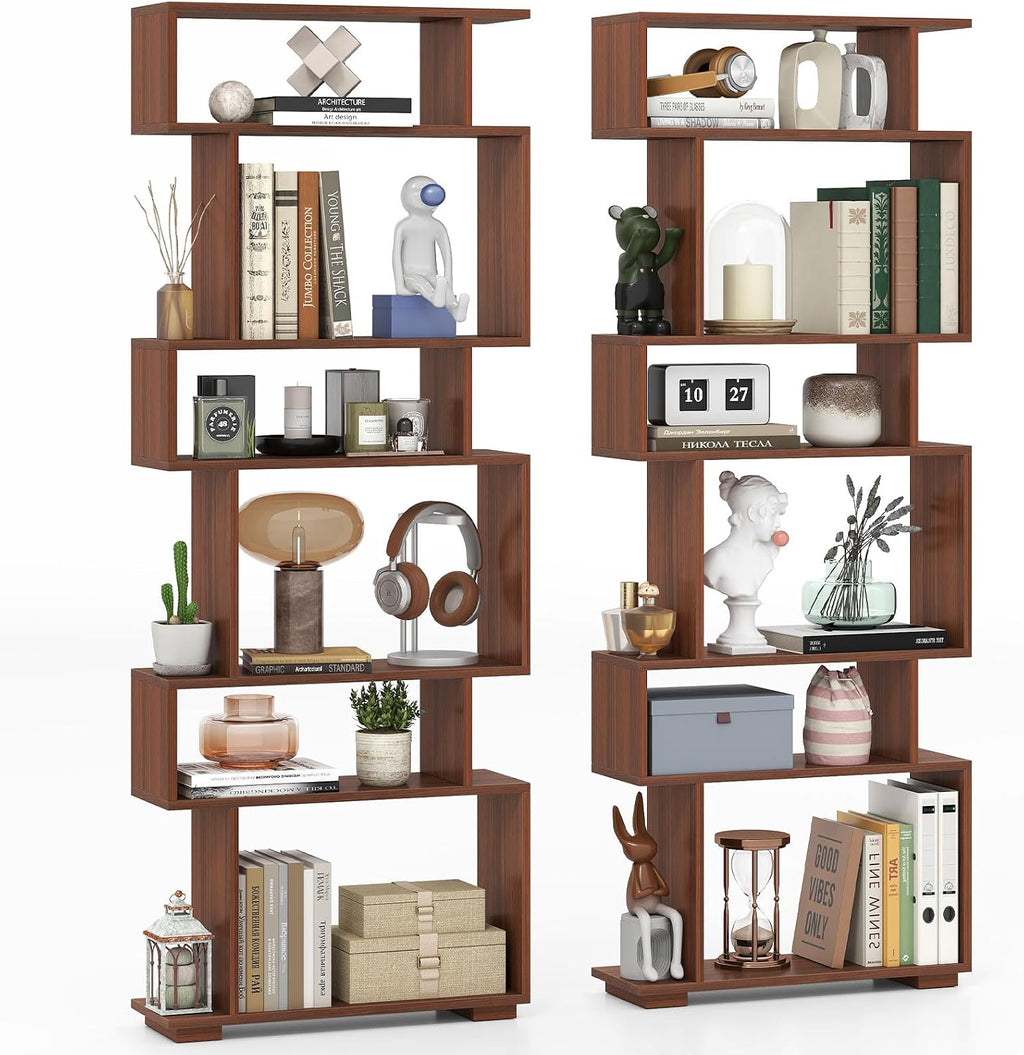 Giantex 6-Tier Geometric Bookshelf Set of 2, S-Shaped Bookcase with 2 Anti-Tipping Kits, Wooden Display Shelf, Decorative Storage Shelving Unit, Home Storage Organizer for Office Living Room, Walnut