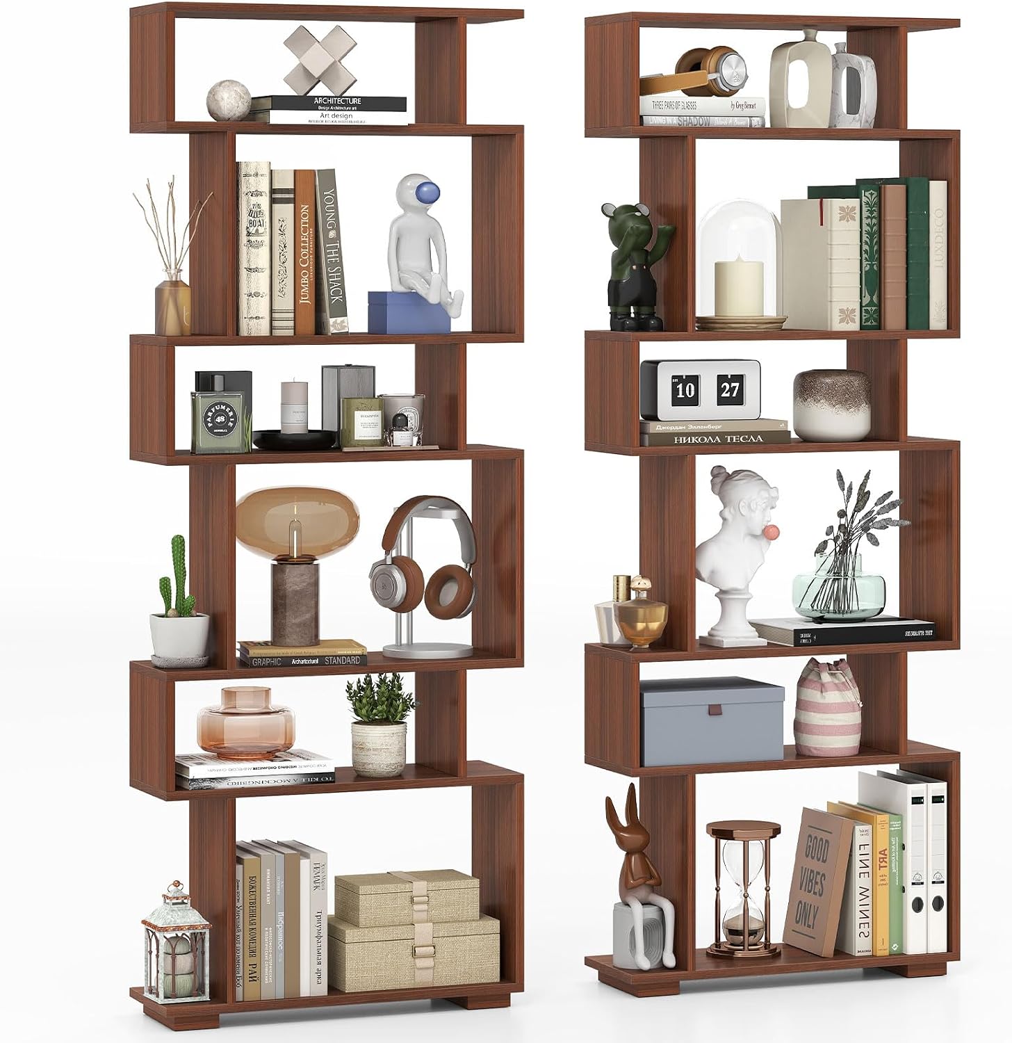 Giantex 6-Tier Geometric Bookshelf Set of 2, S-Shaped Bookcase with 2 Anti-Tipping Kits, Wooden Display Shelf, Decorative Storage Shelving Unit, Home Storage Organizer for Office Living Room, Walnut