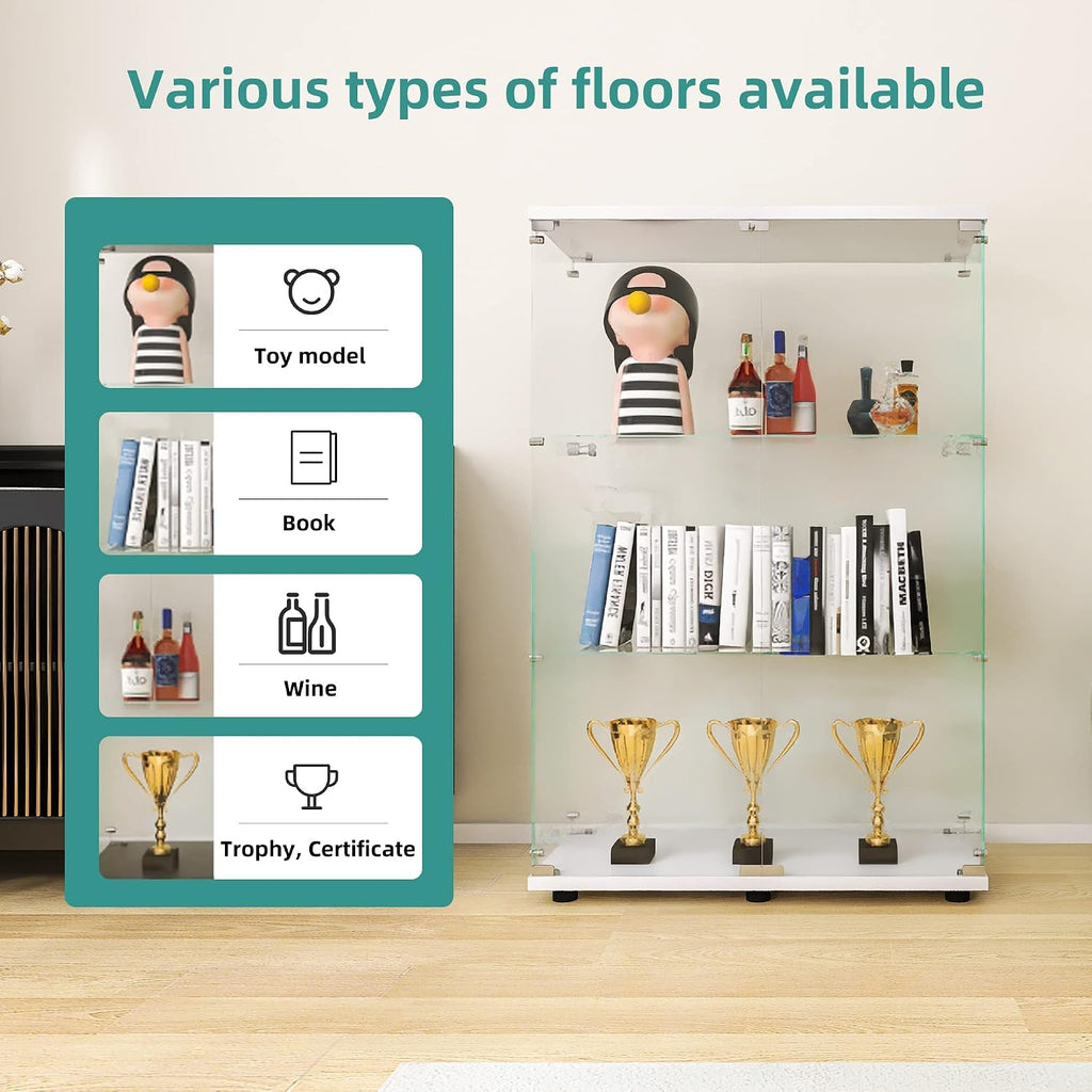 LFT HUIMEI2Y Glass Display Cabinet 3-Shelf with Double Door, Curio Cabinets Fast Installation in 30 Mins, Tempered Glass Floor Standing Bookshelf for Bedroom, Living Room 49.1'x 31.7'x 14.4' White