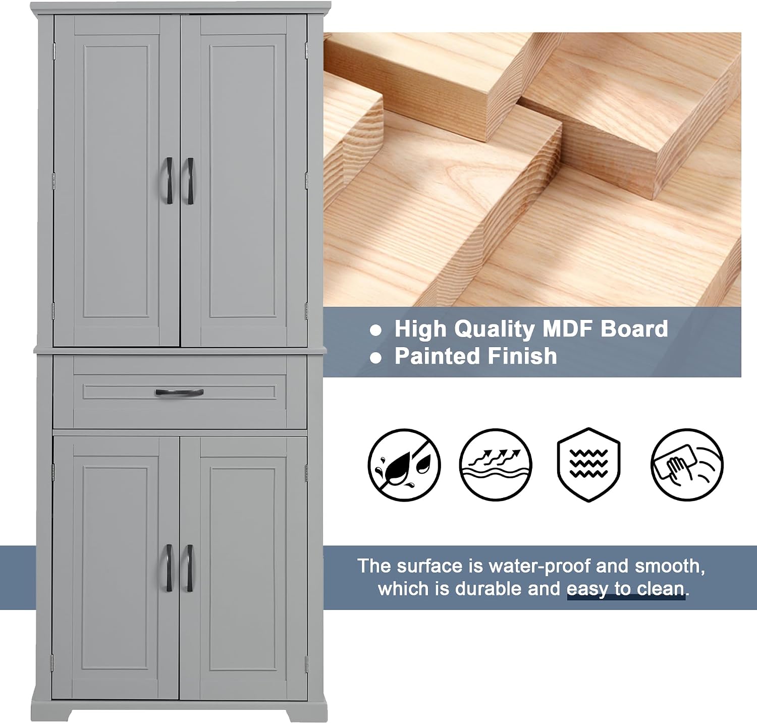 72.2' Storage Cabinet with Doors and Drawers, Tall and Wide Kicthen Pantry Cupboard Home Display Organizer with Door Shelf Rack for Bathroom, Adjustable Shelf, Gray