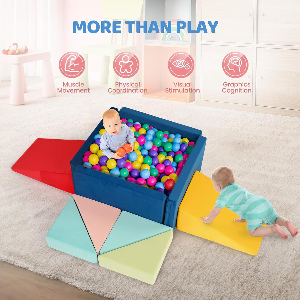 JOYMOR 8-Piece Fabric Soft Foam Climbing Blocks with Ball Pit for Toddlers, (26''x26''x16'') Baby Climbing Toys for Toddlers 1-3 Inside - Soft Play Set for Kids' Development, Gross Motor Skills