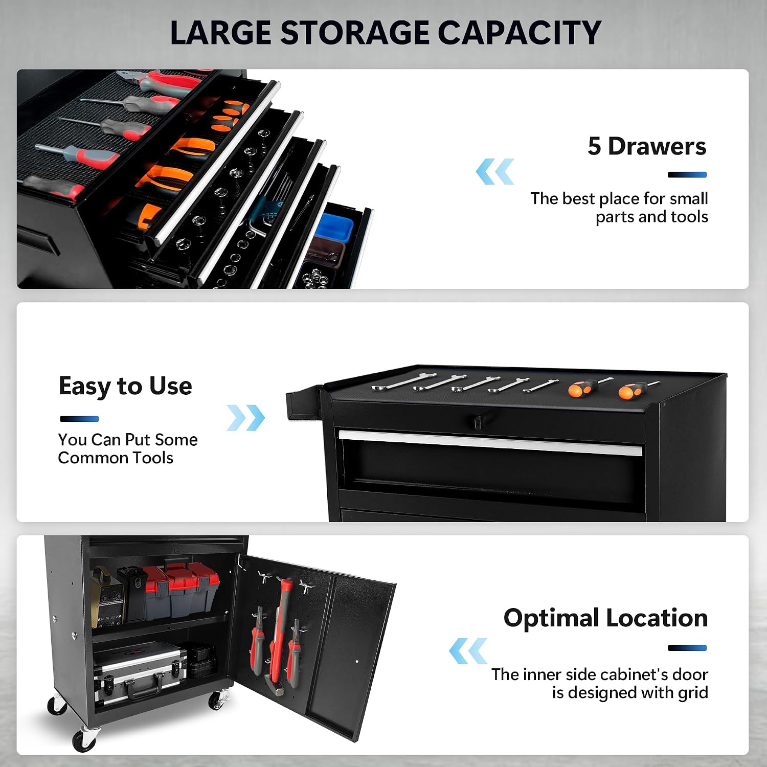 Rolling Garage Workshop Organizer Detachable 5 Drawer Tool Chest with Large Storage Cabinet and Adjustable Shelf, Black