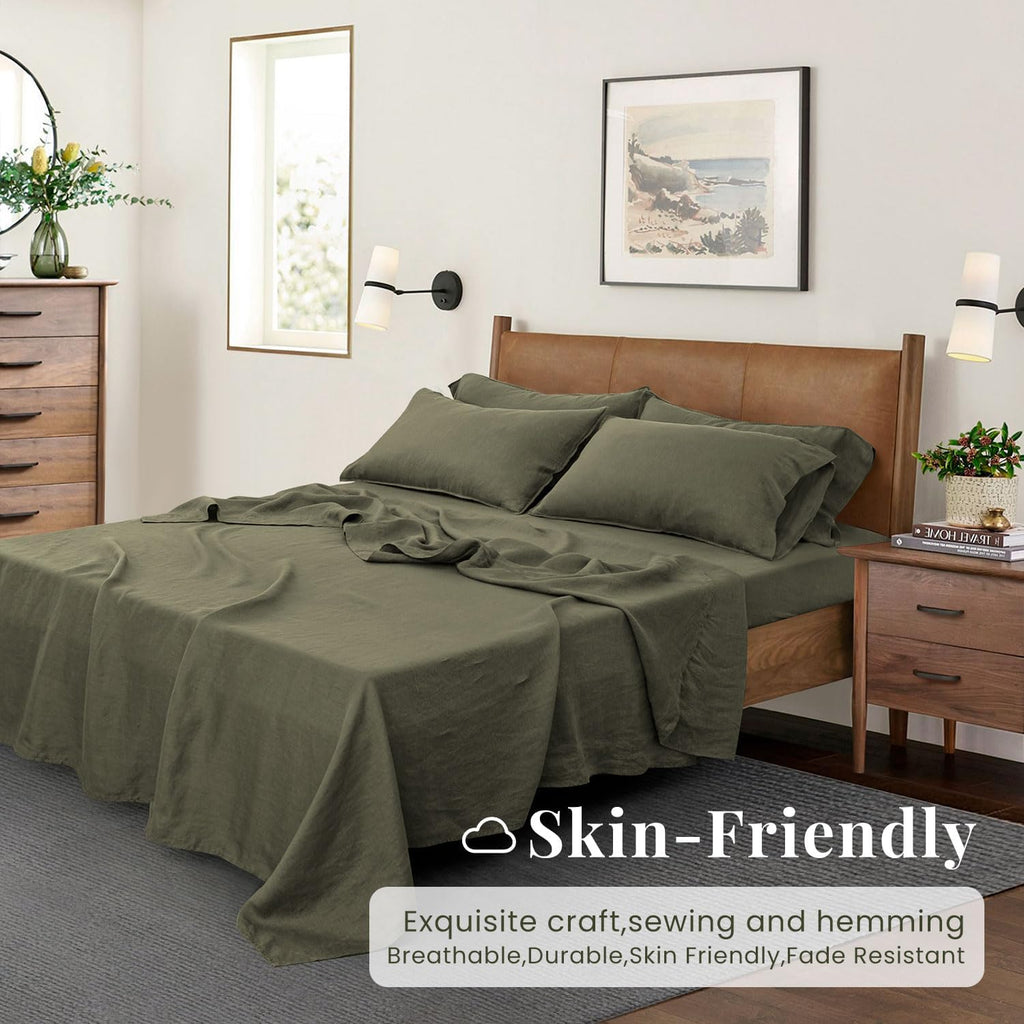 S VICTORY SYMBOL 100% Organic Linen Sheets Set Queen Size,Washed French Flax Bed Sheets 4Pcs(2 Pillowcases,1 Fitted Sheet,1 Flat Sheet) Burnt Olive
