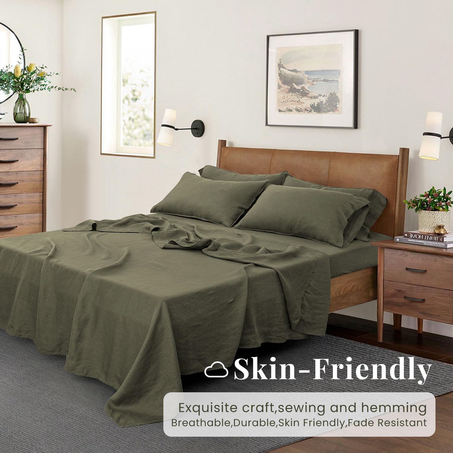 S VICTORY SYMBOL 100% Organic Linen Sheets Set Queen Size,Washed French Flax Bed Sheets 4Pcs(2 Pillowcases,1 Fitted Sheet,1 Flat Sheet) Burnt Olive