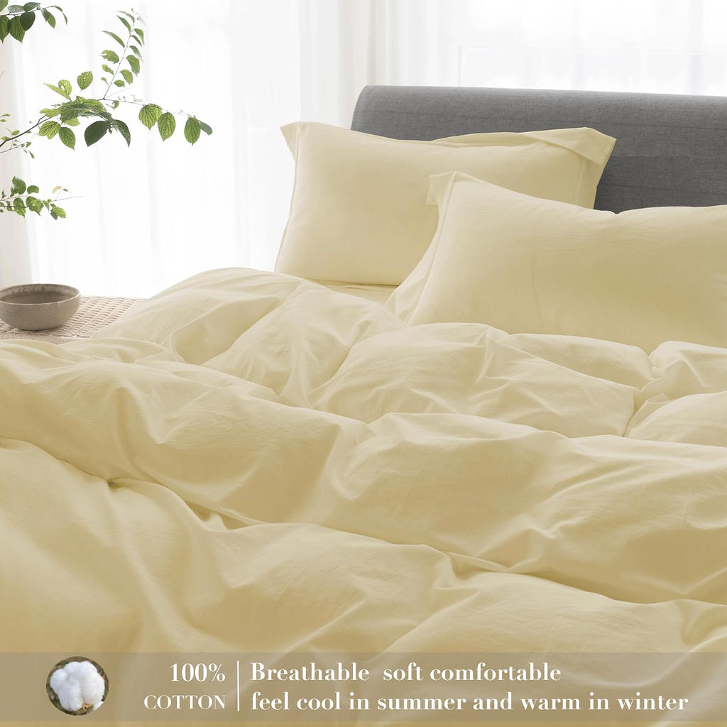 Cooling Duvet Cover Set 3 Pieces-100% Washed Cotton with Chic Wide Trim Design Linen Like Textured Ultra Soft Cozy Bedding with Zipper Closure(Hemmed Pale Yellow,Oversized King 120'x98')