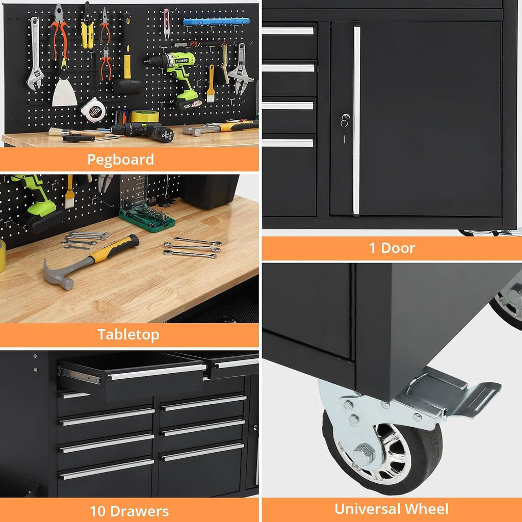 61-Inch Rolling Tool Chest with 10 Drawers & Power Strip, Solid Rubber Wood Top, 1675 LBS Load Heavy Duty Mobile Workstation, Locking System and Drawer Liners for Garage Warehouse Shop, Black