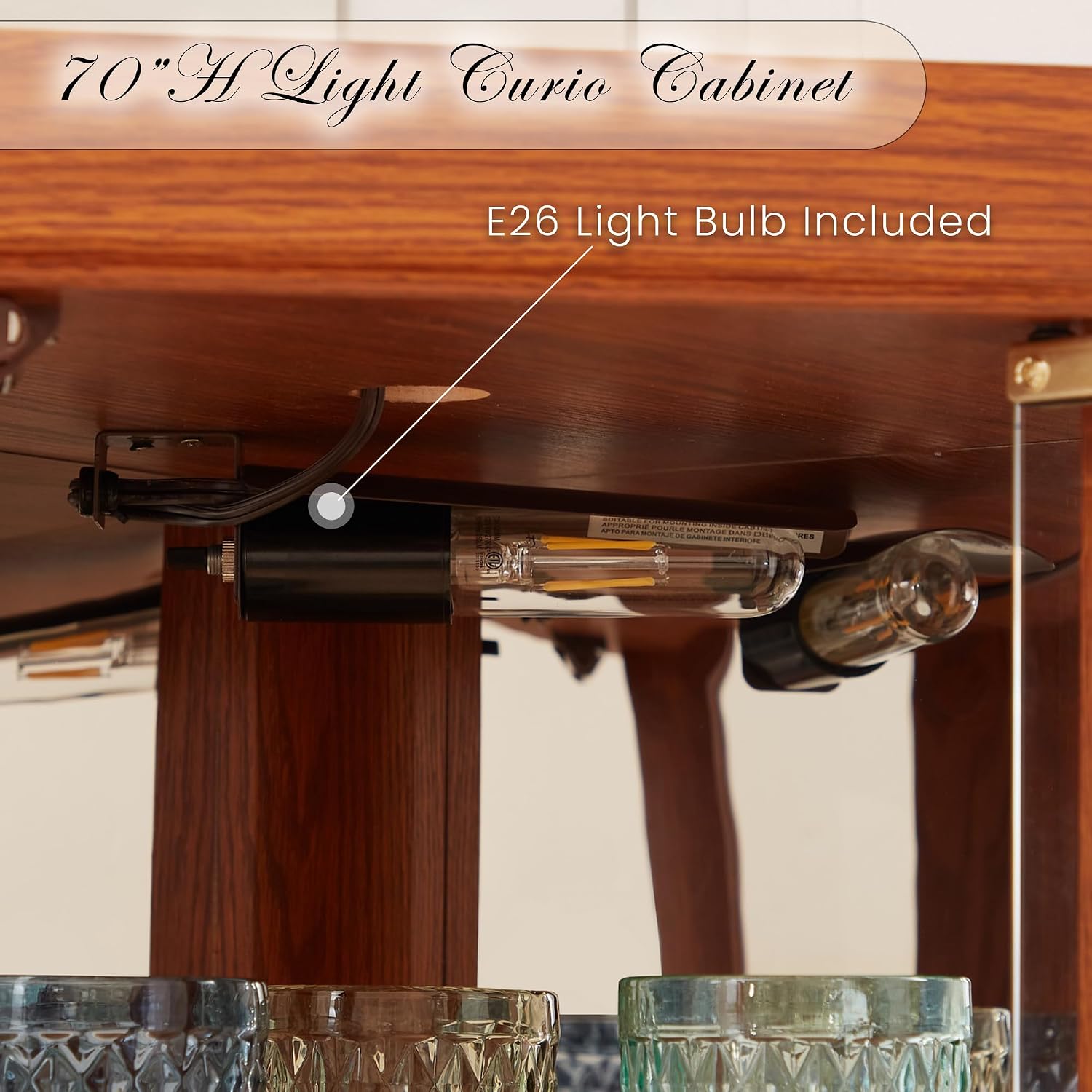 Corner Curio Cabinet, 70' H Lighted Glass Display Cage with Tempered Glass Doors and 5 Adjustable Shelves, Light Bulb Inclued, Wine Bar China Cabinet for Living Room (Dark Oak)
