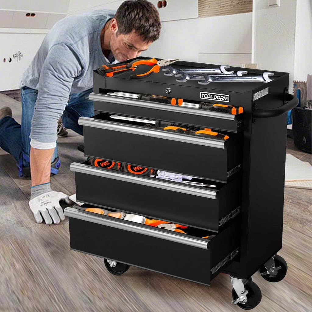 Tool Storage Cabinet/Cart, Metal Tool Cabinet, Rolling Wheel, Ball Bearing Sliders, Black Powder Coating, Suitable for Garage, Warehouse, Workshop (27 x 13 x 34 inches)