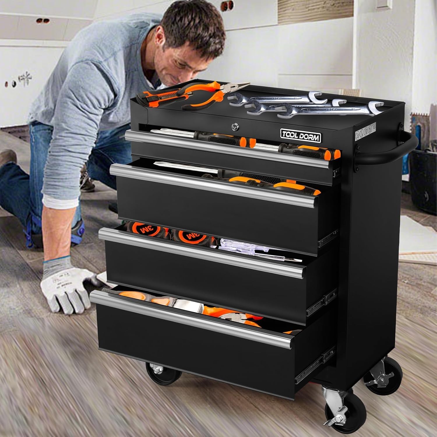 Tool Storage Cabinet/Cart, Metal Tool Cabinet, Rolling Wheel, Ball Bearing Sliders, Black Powder Coating, Suitable for Garage, Warehouse, Workshop (27 x 13 x 34 inches)