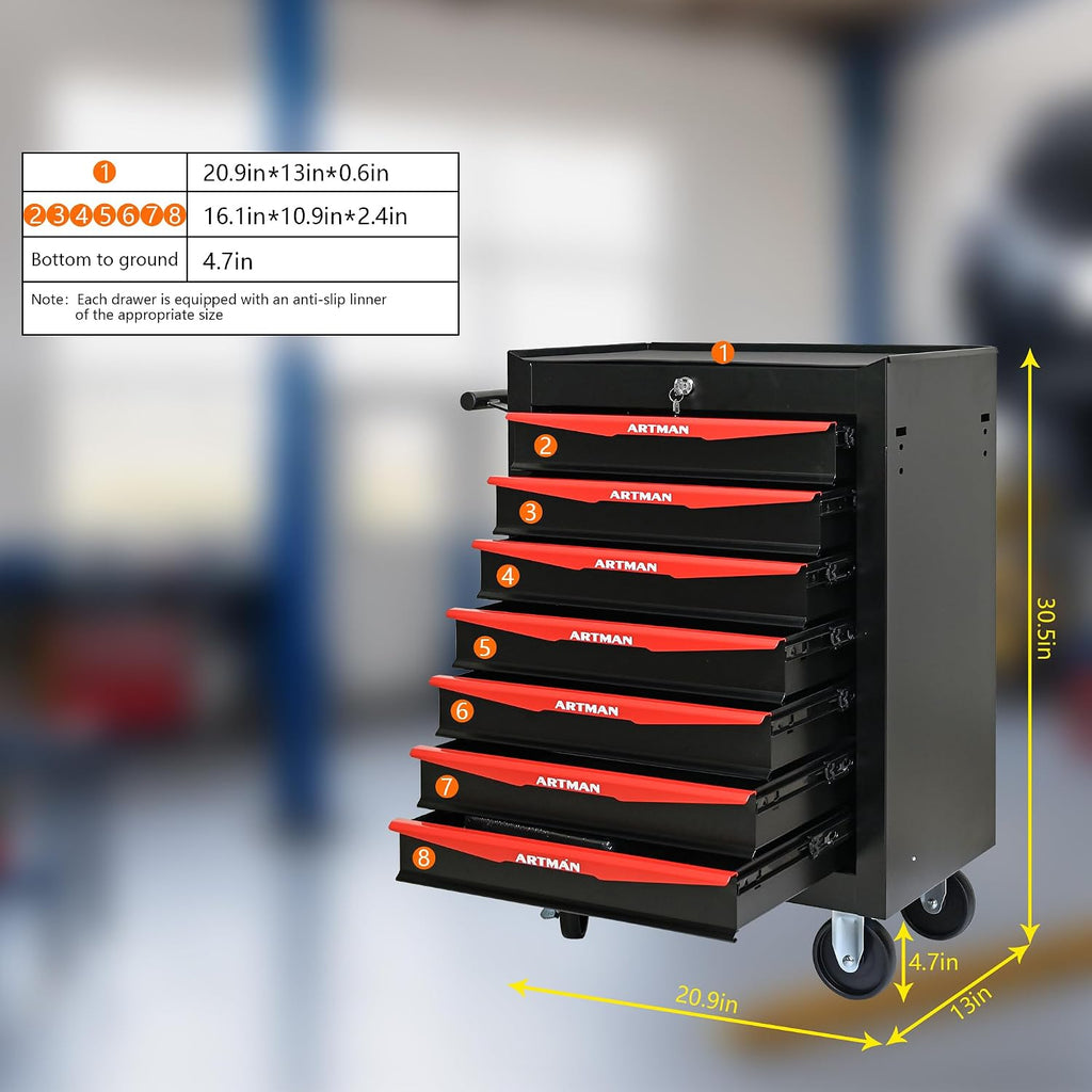 Rolling Tool Chest Cart with 7 Drawers,Storage Tool Cabinet on 4 Wheels. Lockable Tool Cart with Drawer Liners.Steel Tool Box Organizer for Garage,Repair Workshop