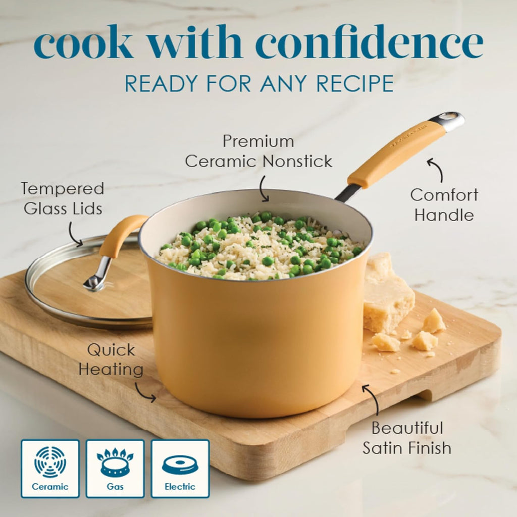 Rachael Ray Cucina Ceramic Nonstick Cookware Pots and Pans Set, 13-Piece, Tumeric Yellow