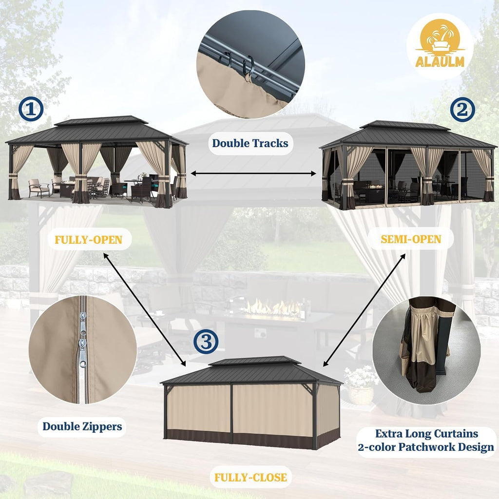 ALAULM 12'x20' Hardtop Gazebo, Outdoor Double Roof Canopy with Netting and Curtains, Galvanized Metal Frame, Sunshade for Patio, Backyard, Deck and Lawns-Sand