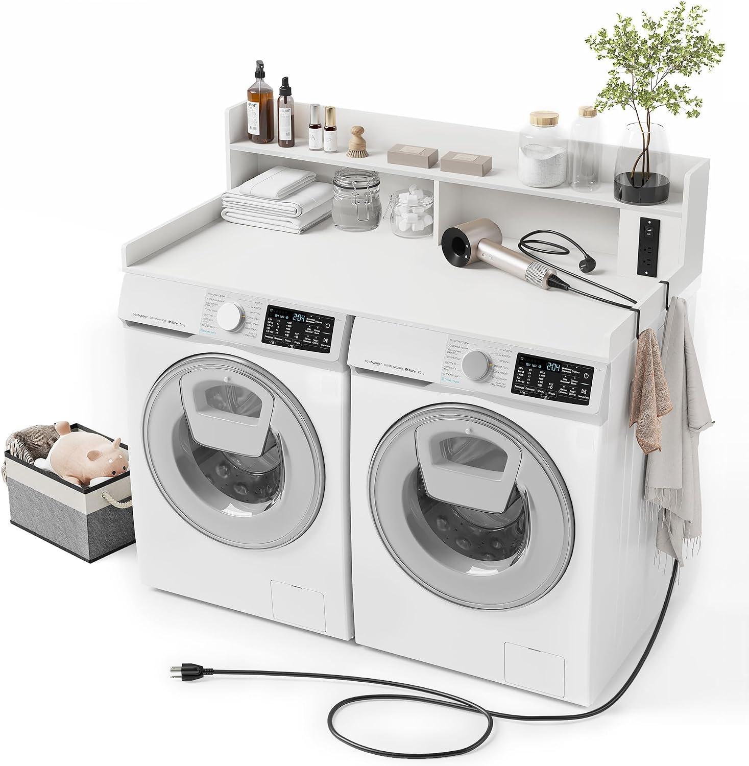 Upgraded 2-Tier Washer and Dryer Countertop with Power Outlet,54' W x 27.6' D Large Laundry Countertop for Fold Clothes, Laundry Topper with Non-Slip Pads & Metal Hooks and Storage Basket