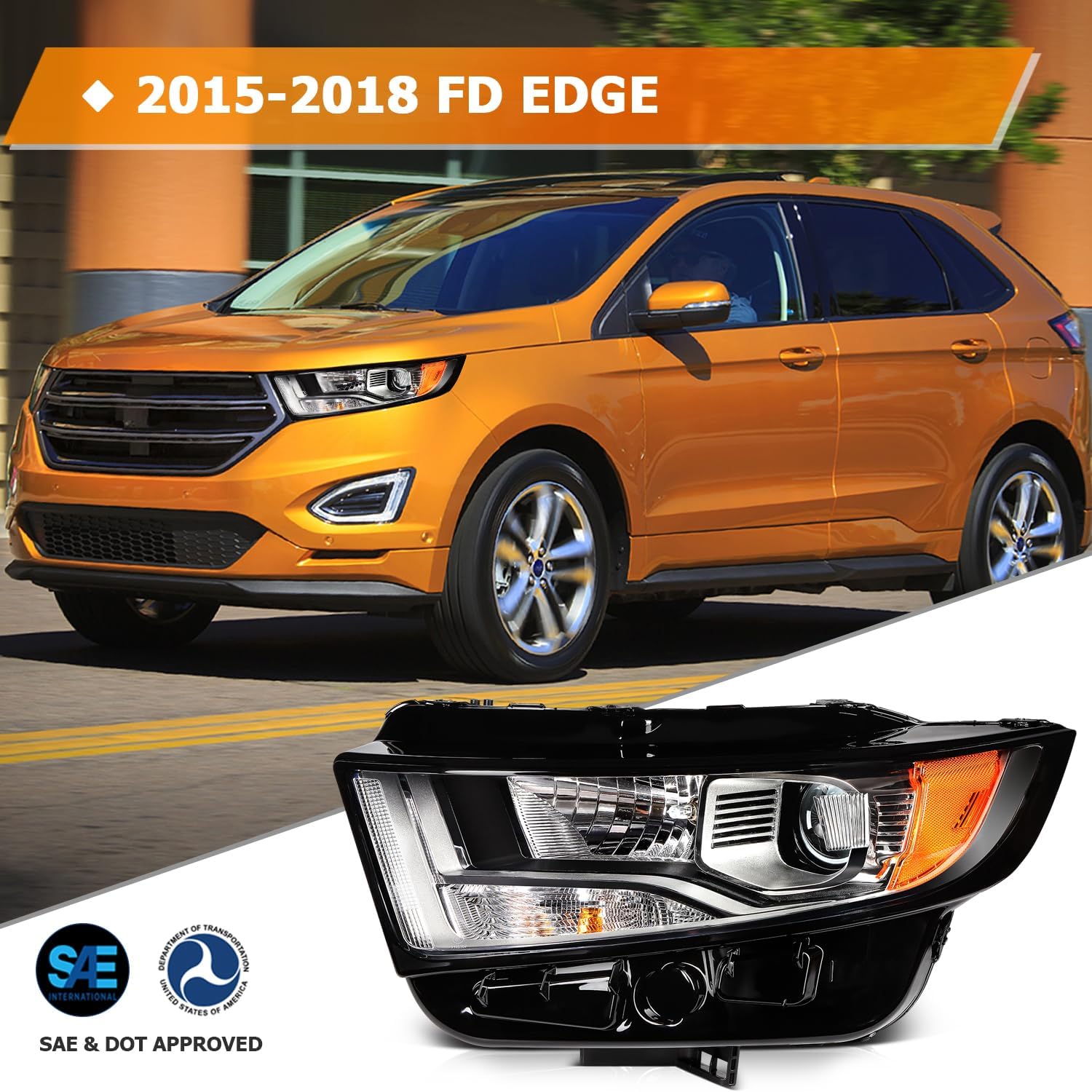 Headlight Fit 2015-2018 for Edge Black Housing Amber Reflector Pair Headlight Assembly FT4Z13008A