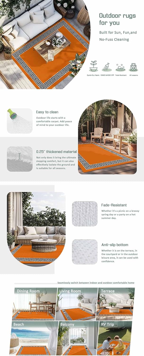 Outdoor Rug 4x6ft Black Simple Geometric Lines Border Patio Area Rugs Waterproof Easy Cleaning Non Shedding Thick Mats Orange Carpet for Indoor Outdoor Porch Deck Backyard Balcony