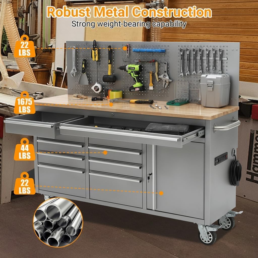 PeakPursuit 61' Rolling Tool Chest with 10 Drawers, Workbench Cabinet with Power Strip, Solid Rubber Wood Top, Pegboard, 1675 LBS Load, Mobile Heavy Duty Garage Storage, Locking Wheels, Silver