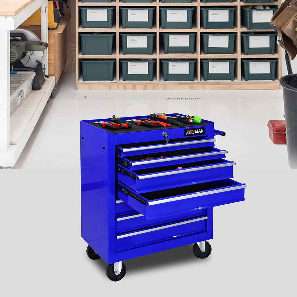 7 Drawers Tool Cart on Wheels, 7 Drawer Rolling Tool Chest with Key Lock, Trolley Organizer Tool Case, Multifunctional Rolling Tool Box for Garage,Warehouse,Workshop,Repair Shop (Blue)