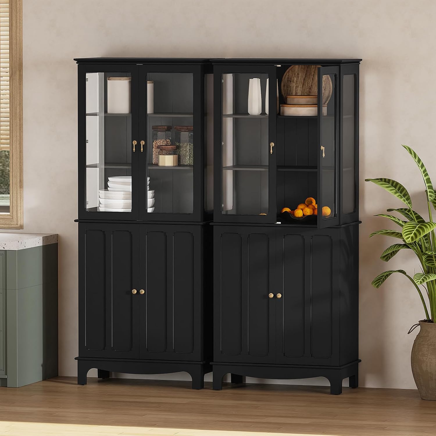 ARTPOWER 72' Freestanding Kitchen Pantry Storage Sideboard, Classical Tall Cabinet with Glass Door and Adjustable Shelves for Kitchen, Livingroom and Dining Room, Black