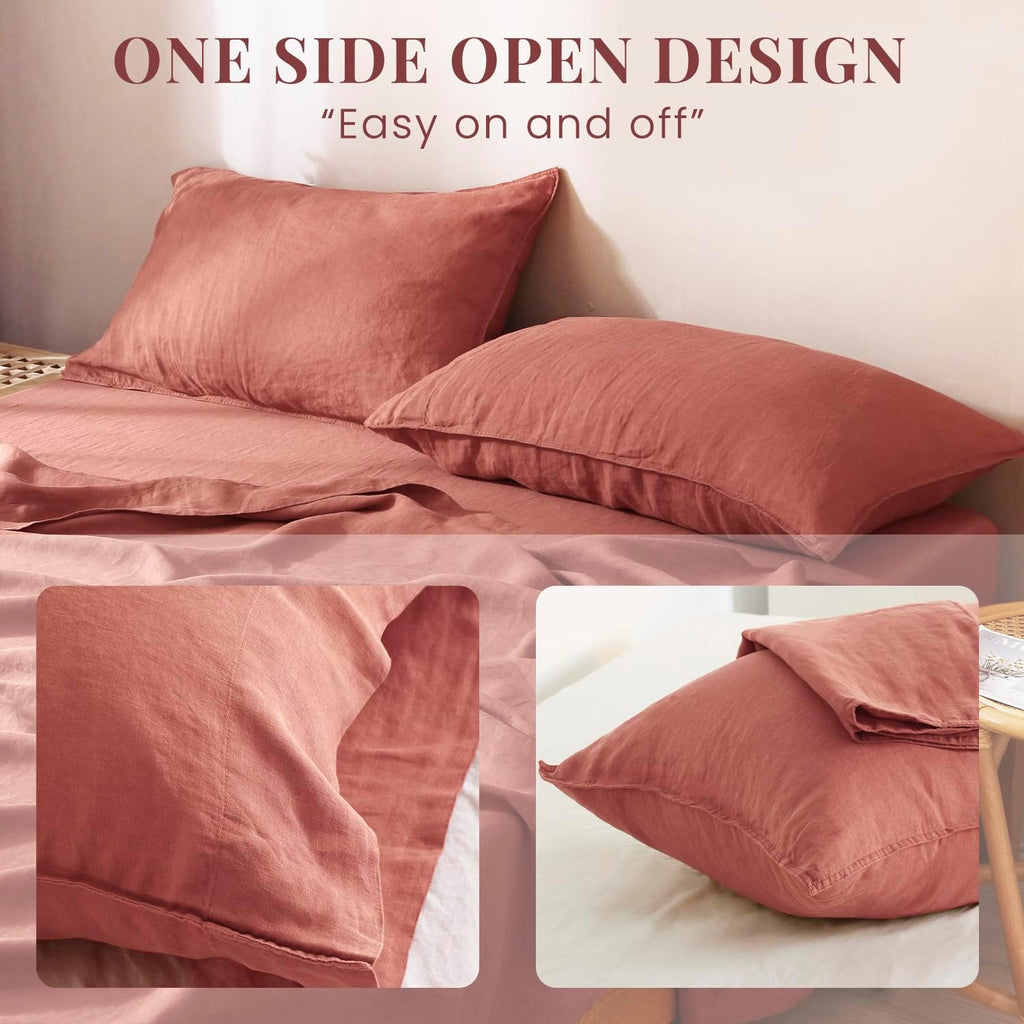 S VICTORY SYMBOL 100% Organic Linen Sheets Set Queen Size,Washed French Flax Bed Sheets 4Pcs(2 Pillowcases,1 Fitted Sheet,1 Flat Sheet) Clay