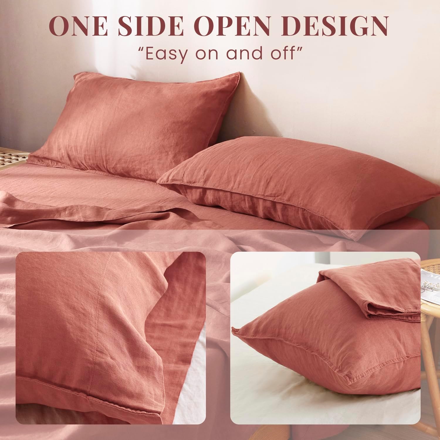 S VICTORY SYMBOL 100% Organic Linen Sheets Set Queen Size,Washed French Flax Bed Sheets 4Pcs(2 Pillowcases,1 Fitted Sheet,1 Flat Sheet) Clay