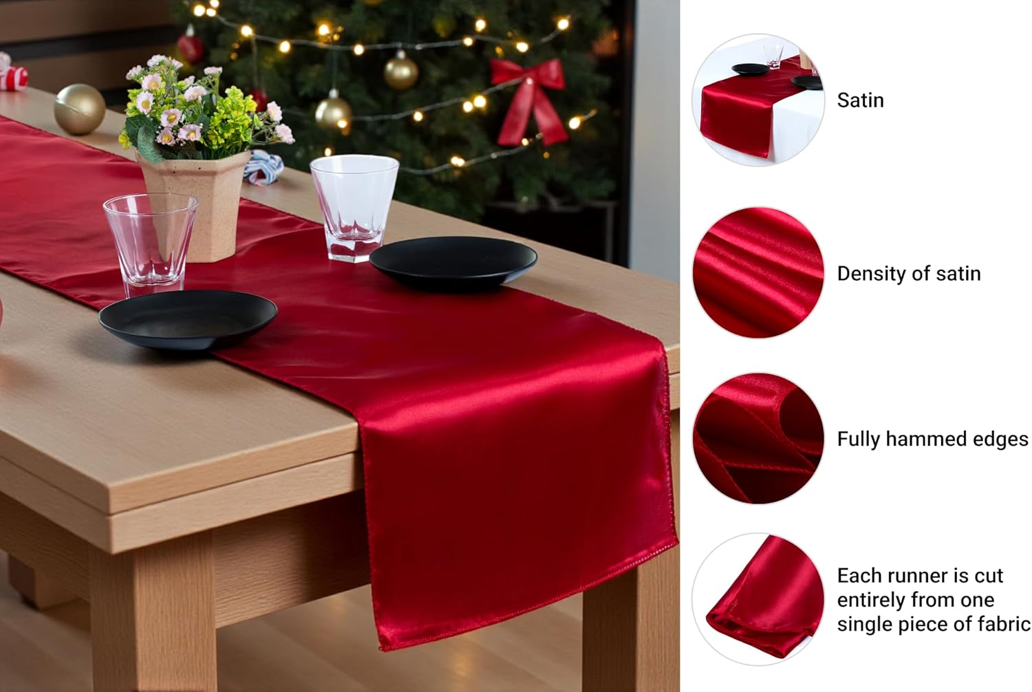 MDS 50 PCS Satin Table Runners 12 x 108 Inch Charmeuse Sateen Silk Table Runner for Indoor Outdoor Wedding Reception Birthday Graduation Party Event Banquet Dining Table Decoration - Apple Red
