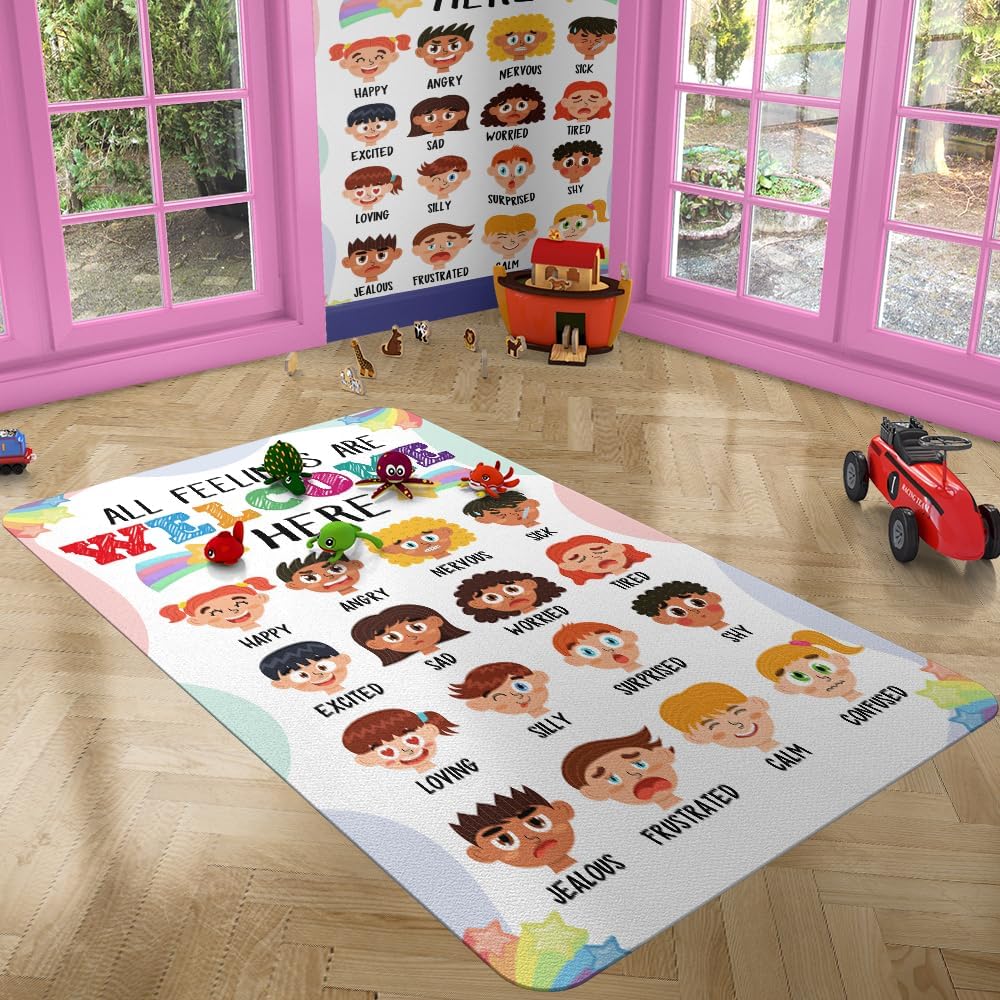 Calming Corner Classroom Rug - Feelings Chart - Coping Skills Emotions Chart Carpet - School Furniture Elementary, ABC Floor Mat Anti-Skid for School & Learning Area, Nursery Decor (8x5ft)