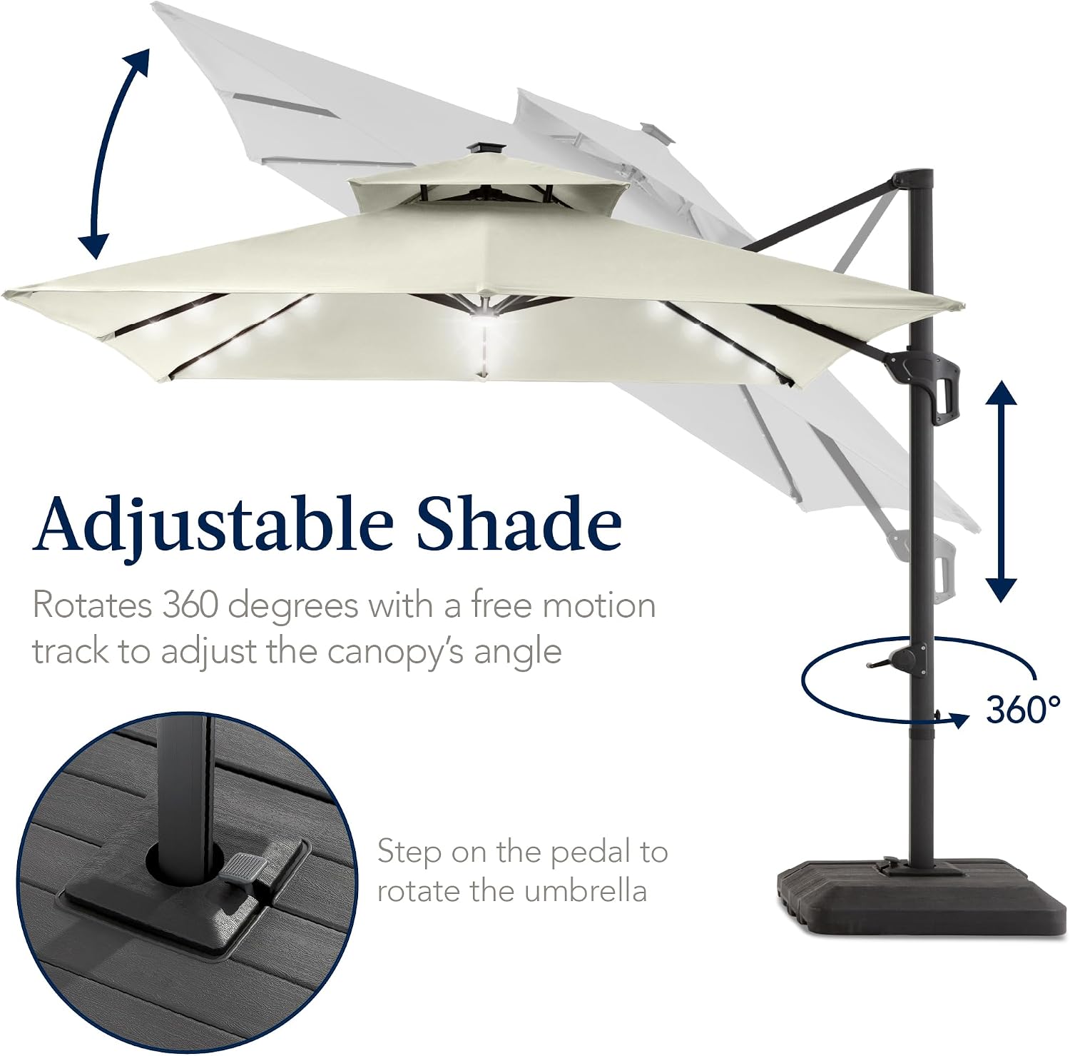 Best Choice Products 12x12ft LED Cantilever Patio Umbrella w/Base Included & 360° Rotation, Large Solar Offset Hanging Outdoor Sun Shade for Deck, Backyard Table w/Stand & Lights – Ivory