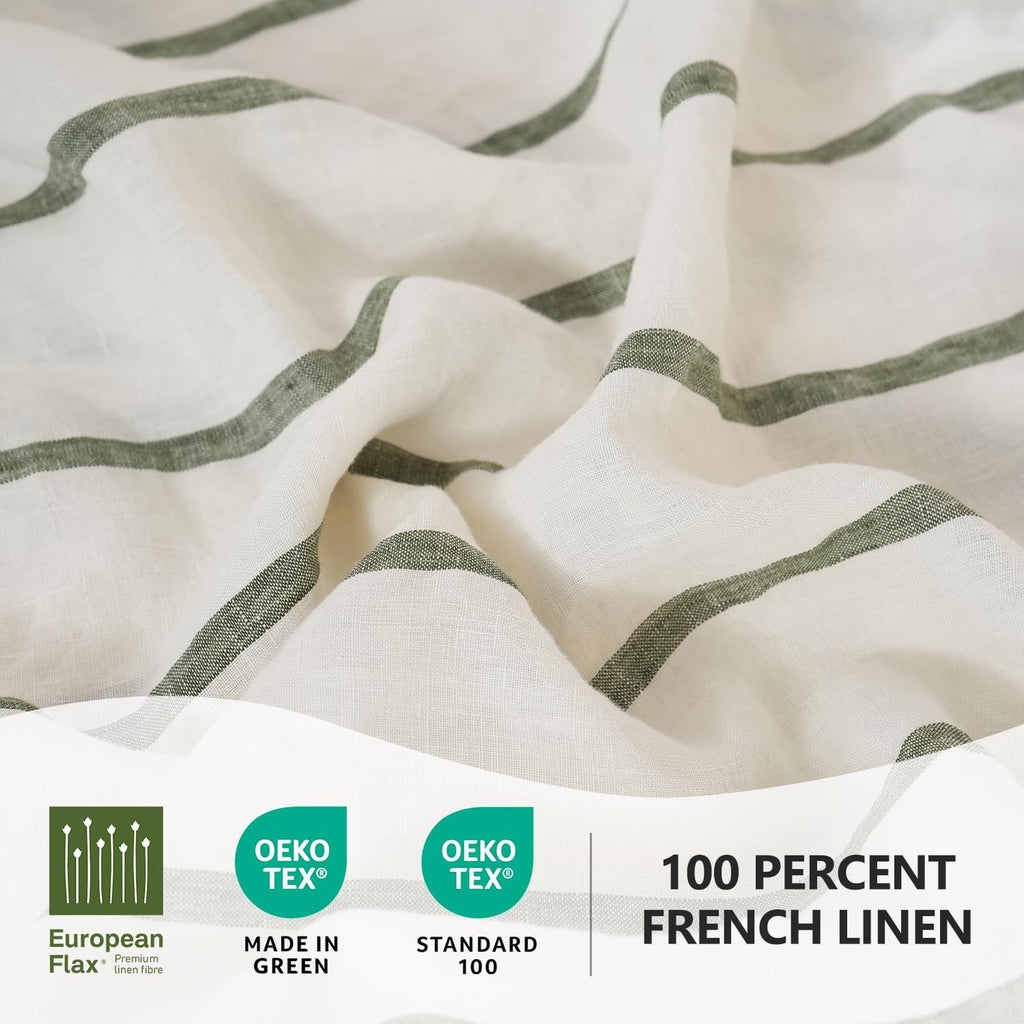 S VICTORY SYMBOL 100% Organic Linen Sheets Set,Yarn Dyed Green Vertical Stripe Bed Sheets,French Natural Flax Bedding Set,Queen Size Washed Linen 4pcs Farmhouse Bed Sheets