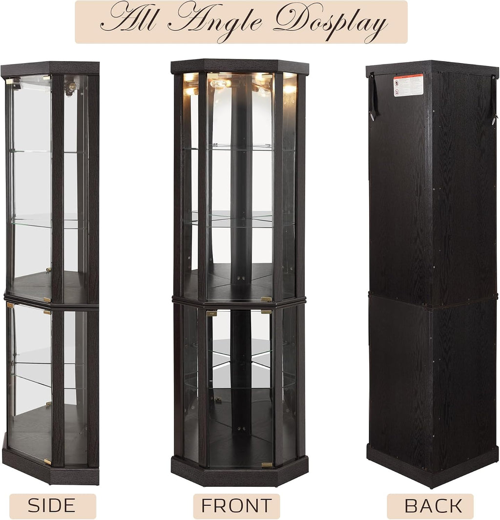 Corner Curio Cabinet, 70' H Lighted Glass Display Cage with Tempered Glass Doors and 5 Adjustable Shelves, Light Bulb Inclued, Wine Bar China Cabinet for Living Room (Black)