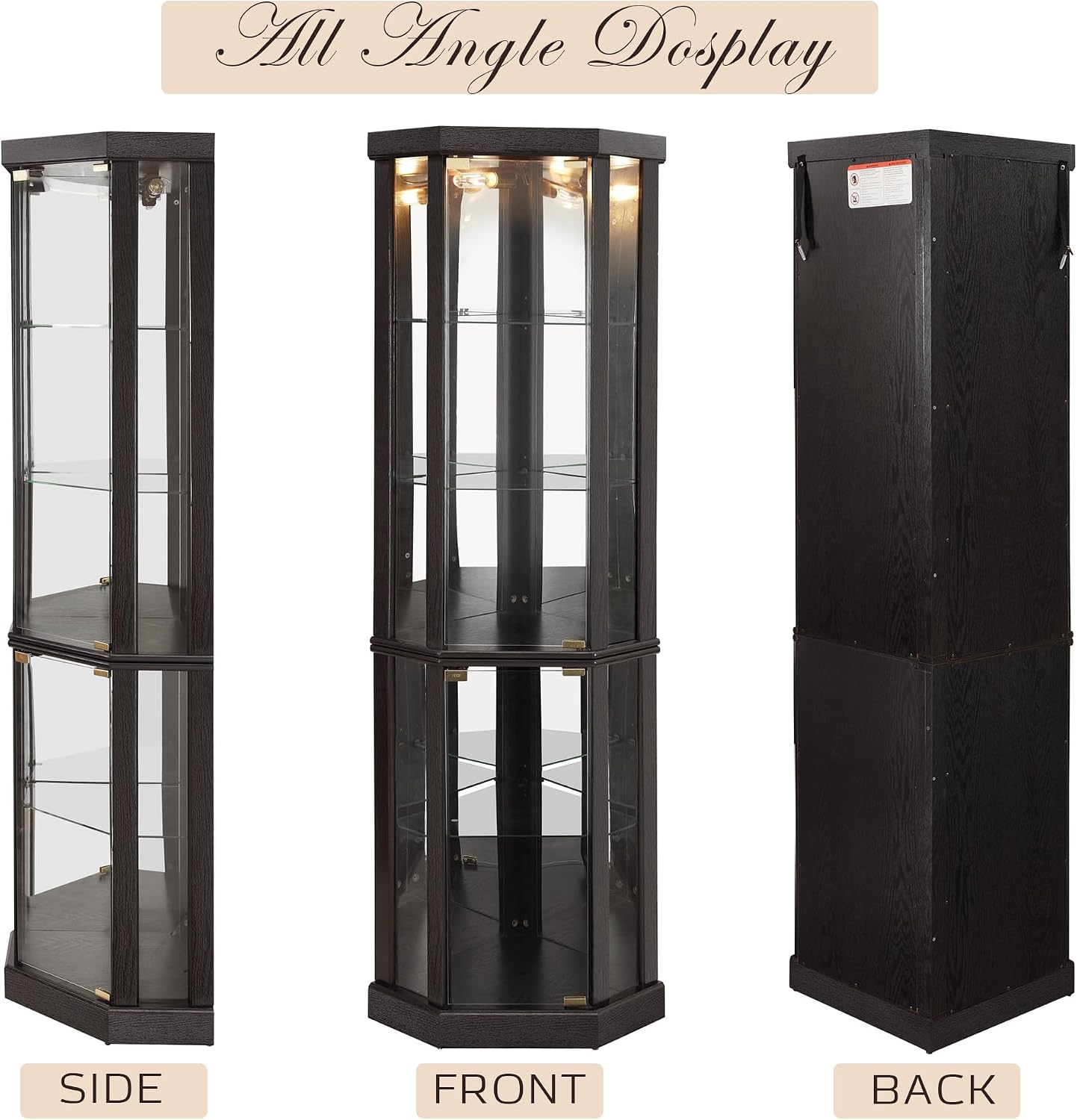 Corner Curio Cabinet, 70' H Lighted Glass Display Cage with Tempered Glass Doors and 5 Adjustable Shelves, Light Bulb Inclued, Wine Bar China Cabinet for Living Room (Black)