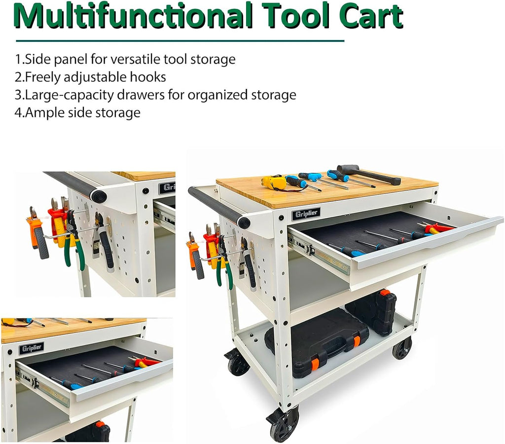 Rolling Tool Cart, 3-Tier Workshop Storage, Black Metal Frame with Wooden Top Workbench, Heavy-Duty Wheels,330LB Load Capacity Organizer Cabinet for Garage, Warehouse, Repair Shop(White)