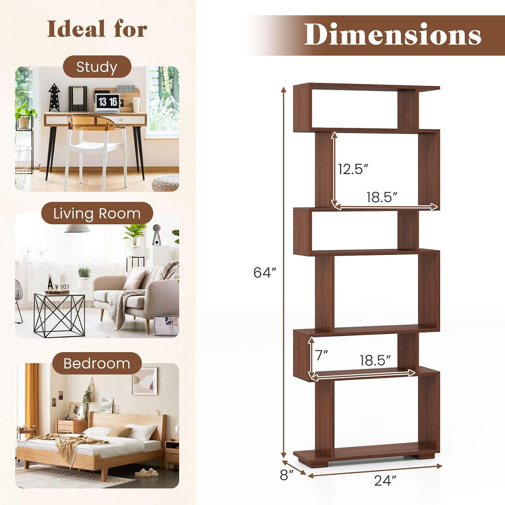 Giantex 6-Tier Geometric Bookshelf Set of 2, S-Shaped Bookcase with 2 Anti-Tipping Kits, Wooden Display Shelf, Decorative Storage Shelving Unit, Home Storage Organizer for Office Living Room, Walnut