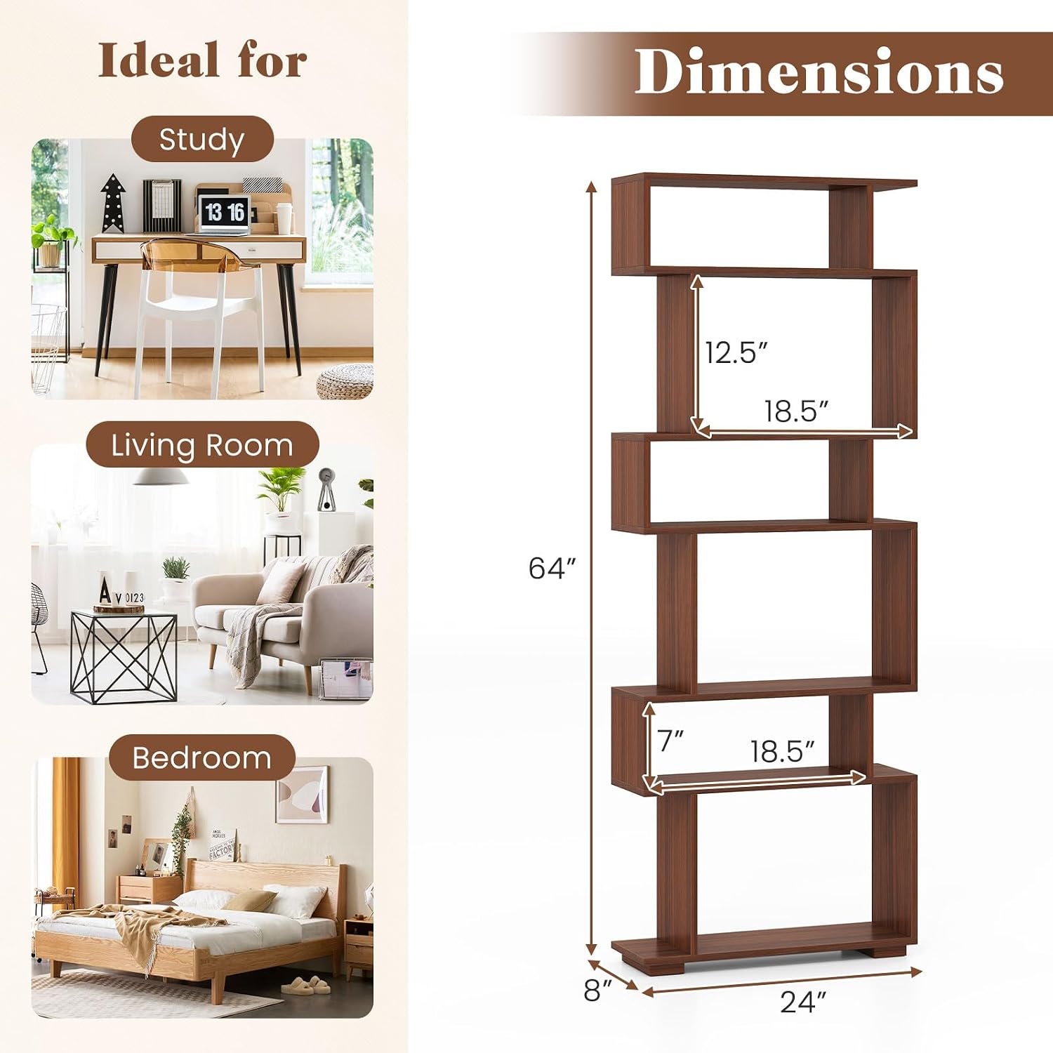 Giantex 6-Tier Geometric Bookshelf Set of 2, S-Shaped Bookcase with 2 Anti-Tipping Kits, Wooden Display Shelf, Decorative Storage Shelving Unit, Home Storage Organizer for Office Living Room, Walnut