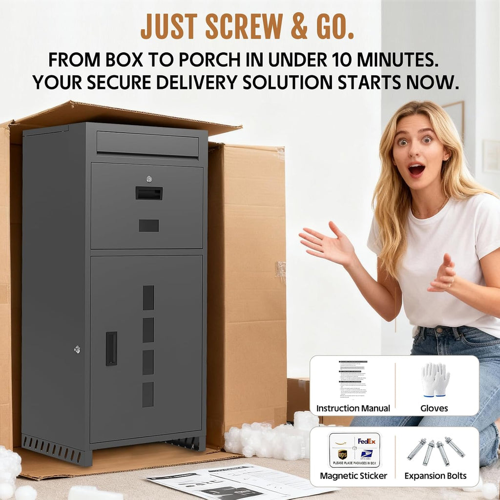 KAER Package Delivery Box for Outside with Visual Windows, 40.6' Large Parcel Drop Box with Raised Metal Feet (Keep Packages Dry), Anti-Theft Waterproof Grey Outdoor Lock Box for Porch, Yard, Home