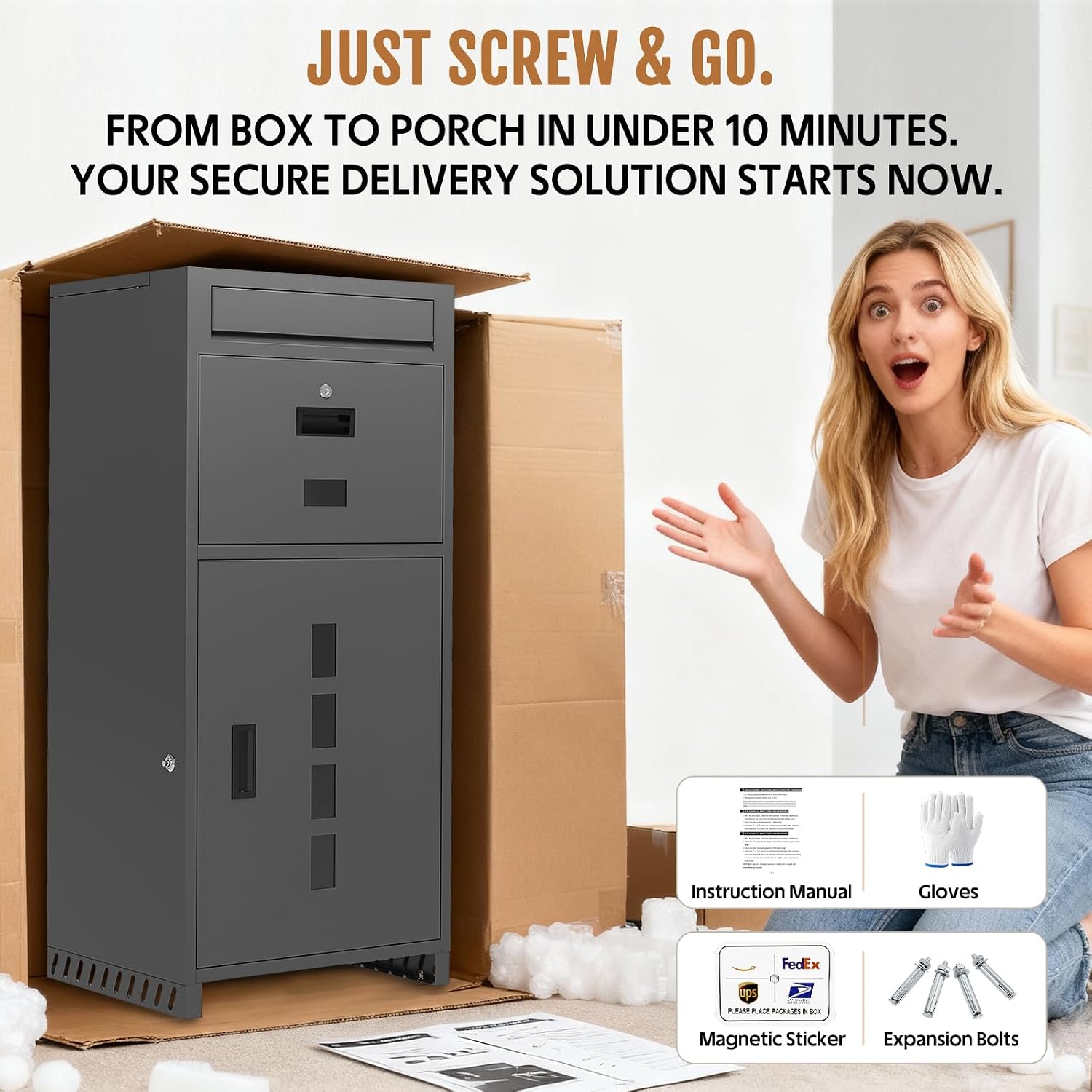 KAER Package Delivery Box for Outside with Visual Windows, 40.6' Large Parcel Drop Box with Raised Metal Feet (Keep Packages Dry), Anti-Theft Waterproof Grey Outdoor Lock Box for Porch, Yard, Home