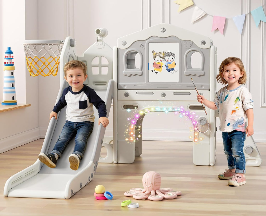 BIERUM 9 in 1 Toddler Slide Set - Baby Slide for Toddlers 1-3 with Colorful Lights, Drawing Board and Building Blocks Board, Indoor Outdoor Toddler Playset Playground, White Gray