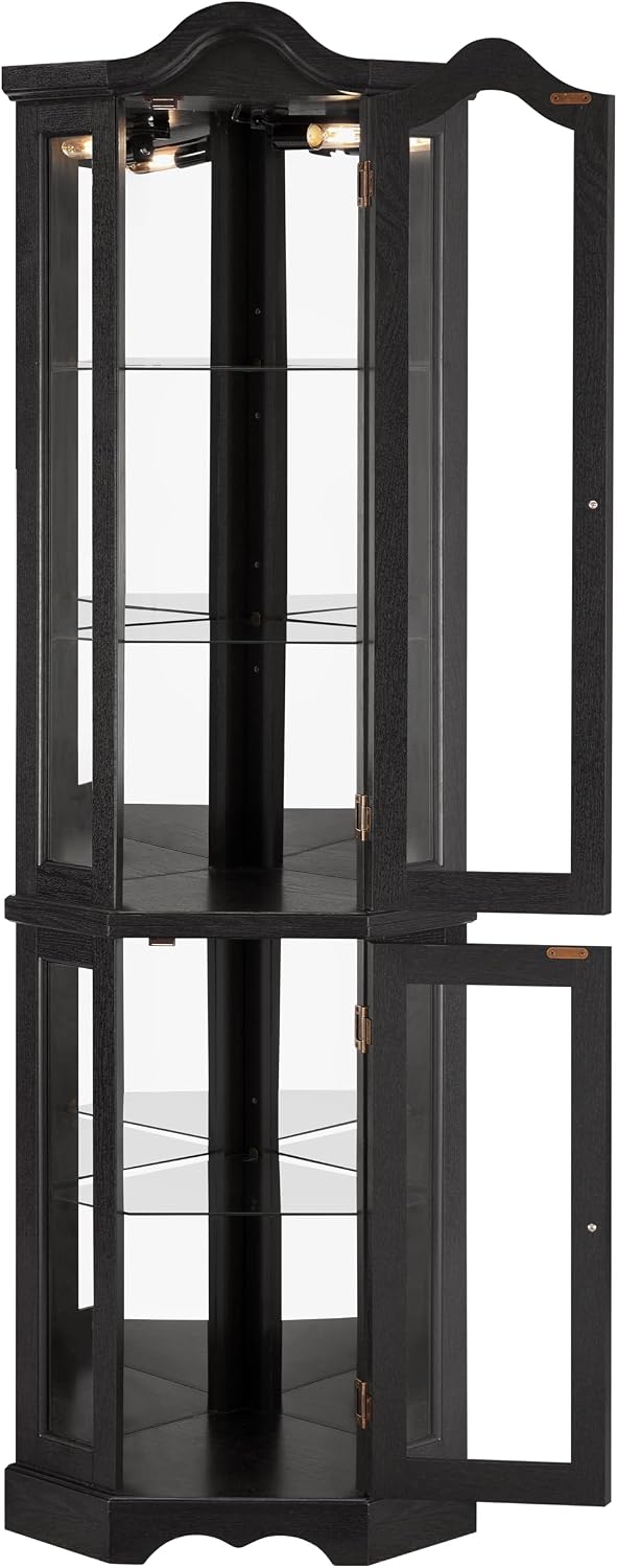 Classic Corner Curio Cabinet with Lights, Glass Display Cabinet for Living Room - Adjustable Tempered Glass Shelves, Wall Mountable (Black)