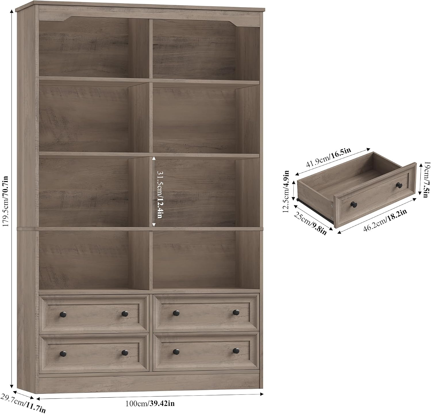 FINETONES 71' Tall Bookshelf with 4 Drawers, 6-Tier Double Wide Bookshelves and Bookcases with Storage, Ash Grey Bookshelf Large Open Bookshelves Standing Book Cabinet for Home Office