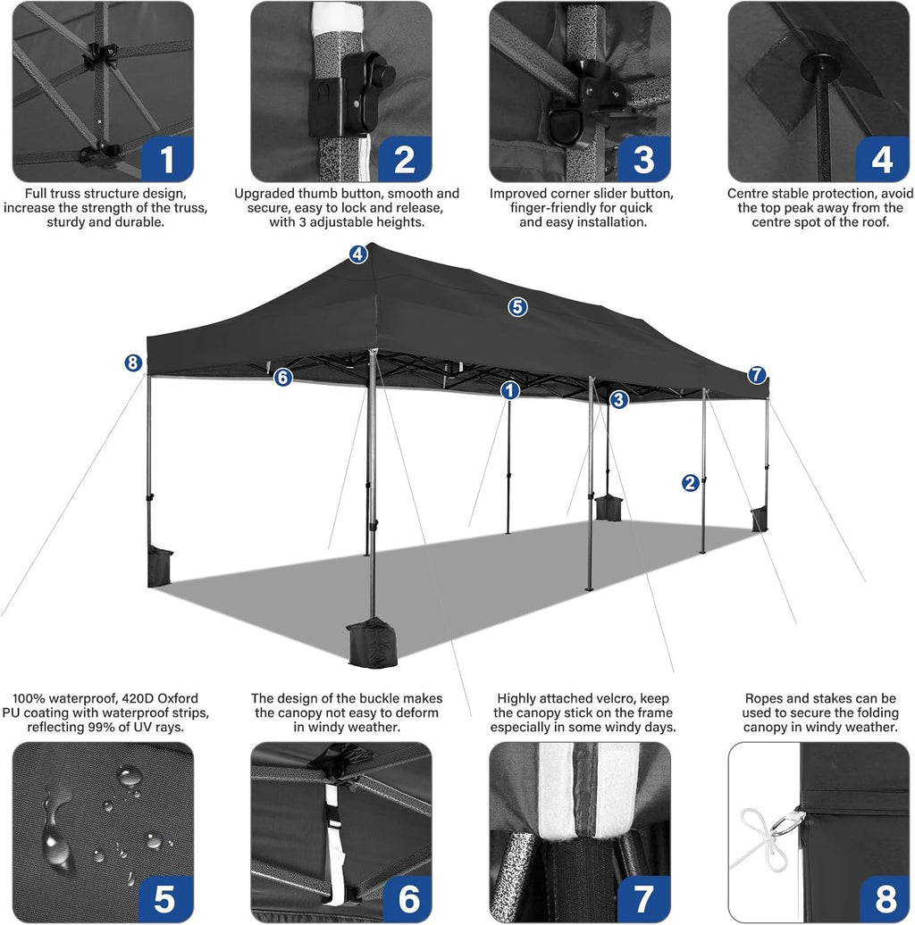 COBIZI 10x30 Heavy Duty Pop Up Canopy Tent – Commercial Grade, UPF 50+ UV Protection, Waterproof & Windproof, All-Season Outdoor Party Gazebo with Roller Bag, Black