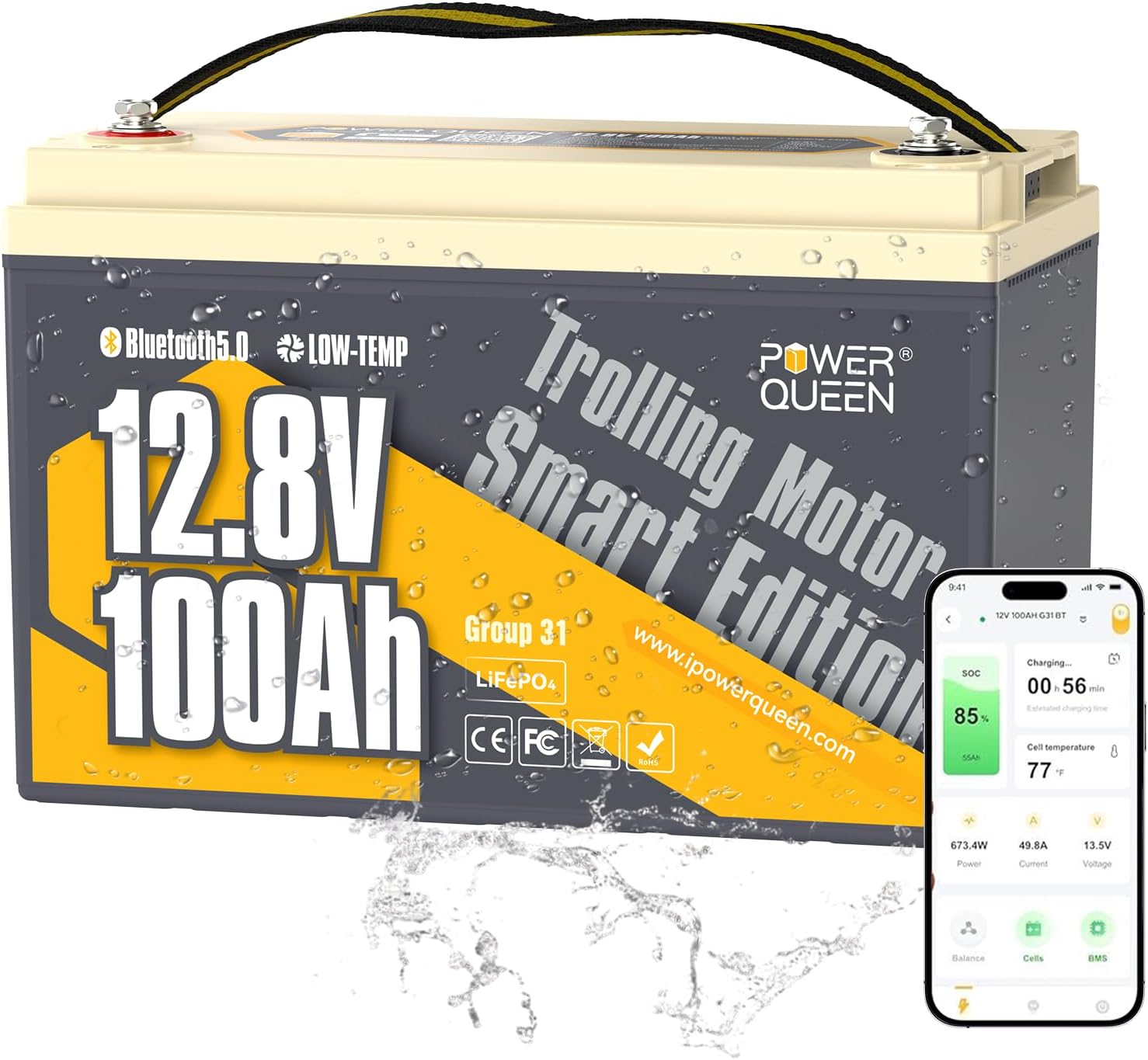 Power Queen LiFePO4 Battery 12V 100Ah Bluetooth Group31 Deep Cycle Battery, Max. Output Power 1280W, 100A BMS with Low-Temp Cut-off Protection for RV, Trolling Motors, Solar System
