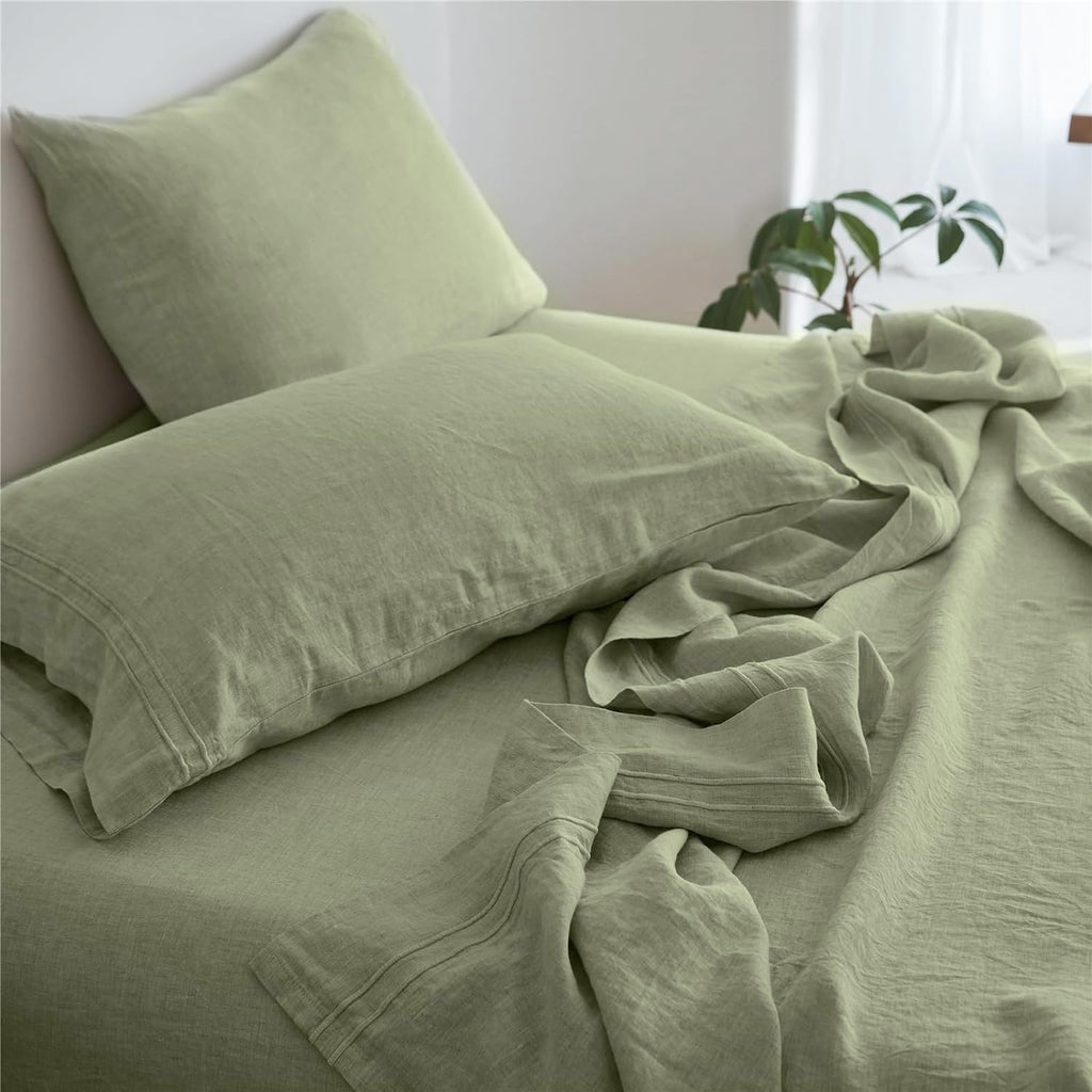 Simple&Opulence 100% Linen Sheet Set 4 Pieces Natural France Flax Bed Sheet (1 Flat Sheet, 1 Fitted Sheet, 2 Pillowcases) Breathable Luxury Hotel Bedding - Embroidery Sage Green, King Size