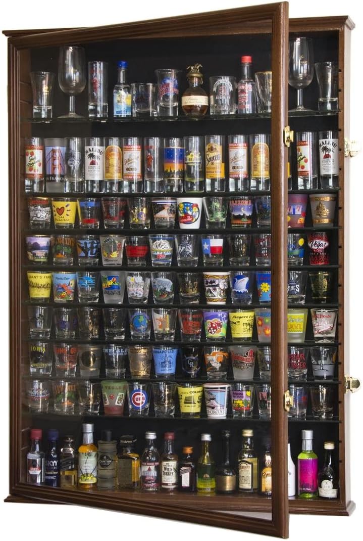 XL Shot Glass Display Case Rack Holder Cabinet for Tall Shooter and Mini Liquor Bottle