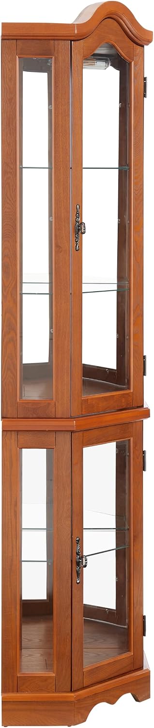 Classic Corner Curio Cabinet with Lights, Glass Display Cabinet for Living Room - Adjustable Tempered Glass Shelves, Wall Mountable, Oak Finish (Oak)