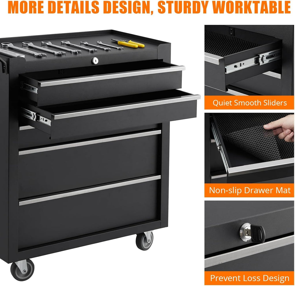 5-Drawer Tool Chest With Wheels, Rolling Tool Cart With Universal Wheels, Sliding Drawers and Protective Liner, Lockable Storage Cabinet for Garage, Workshop, Warehouse