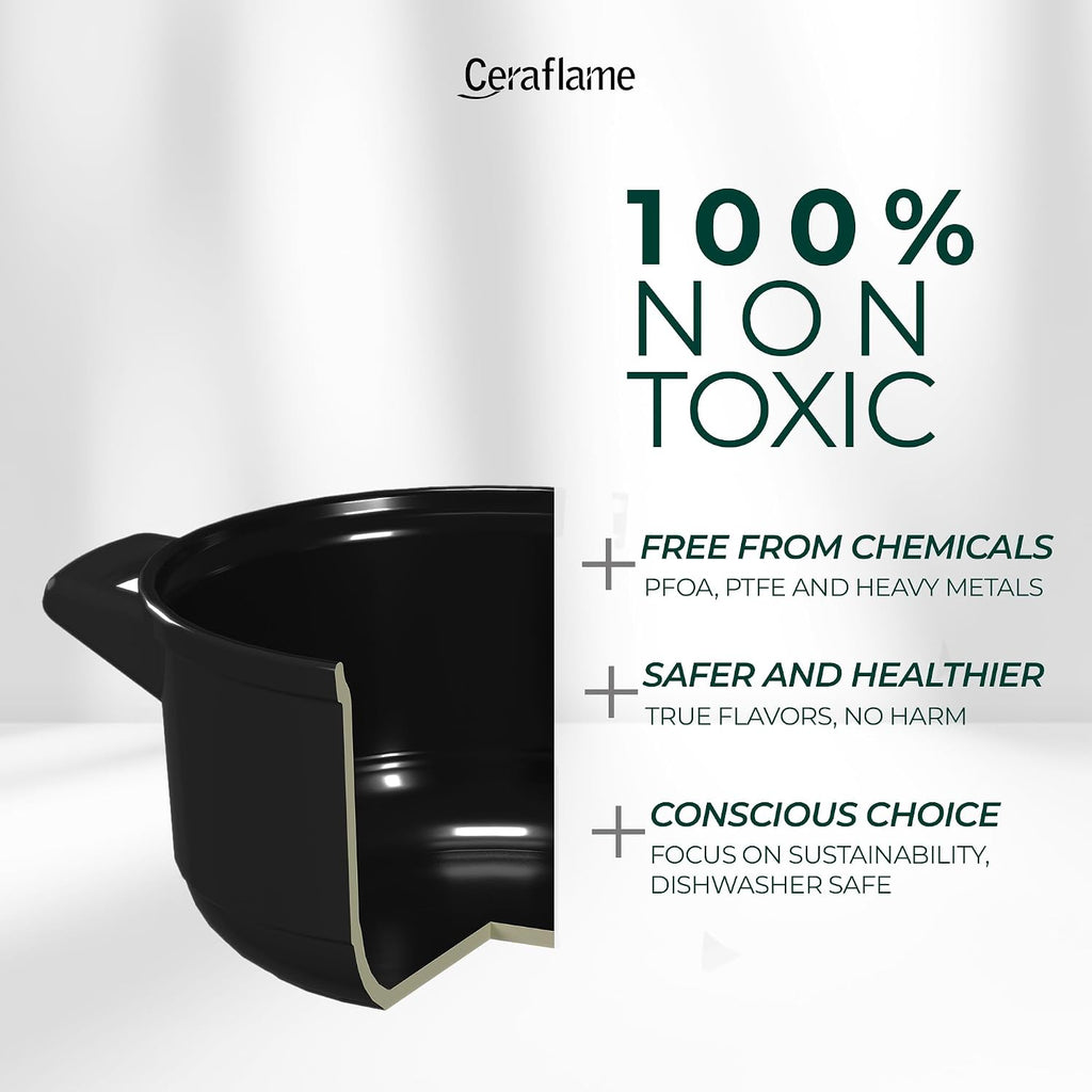 Pure Ceramic, Healthy, Non Toxic Cookware Set - Oven Safe Up to 1200F, Microwave and Dishwasher Safe, Longlasting and Lightweight - PFAS, PTFE, PFOA, PFOS - Black