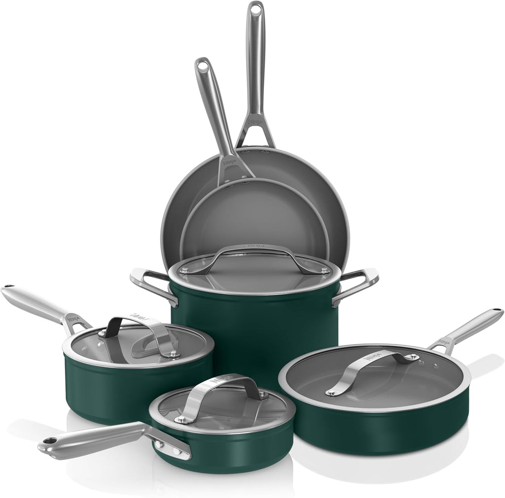 Ninja Ceramic Pro 10-Piece Cookware Set, NonStick Pots & Pans Set with Glass Lids, Nontoxic, PTFE Free, Ceramic Coated, Oven Safe, All Stovetops & Induction Compatible, British Racing Green, CW39010GN