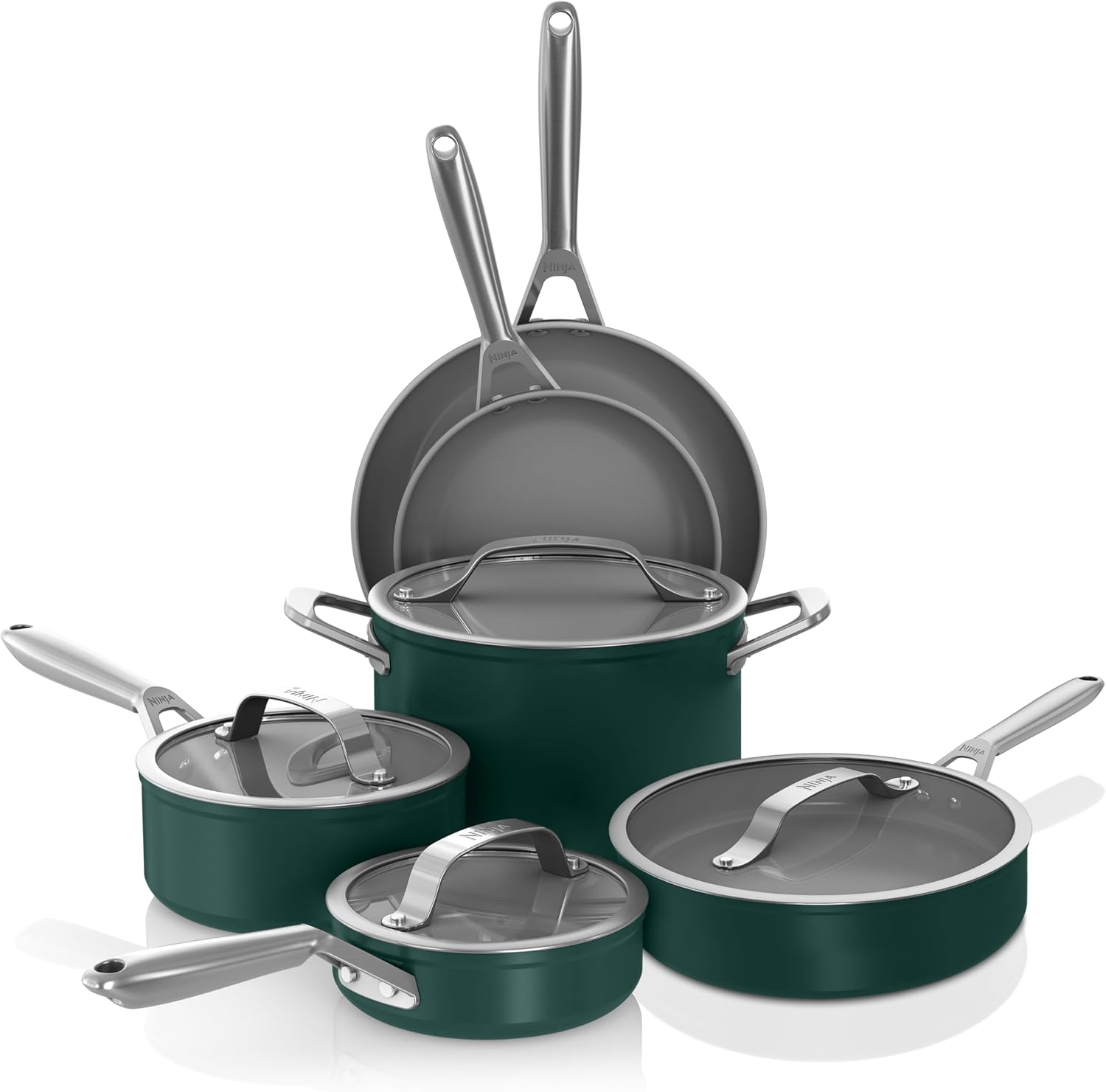 Ninja Ceramic Pro 10-Piece Cookware Set, NonStick Pots & Pans Set with Glass Lids, Nontoxic, PTFE Free, Ceramic Coated, Oven Safe, All Stovetops & Induction Compatible, British Racing Green, CW39010GN